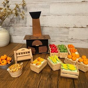 Vintage Miniature Wooden Stove and Vegetable Set